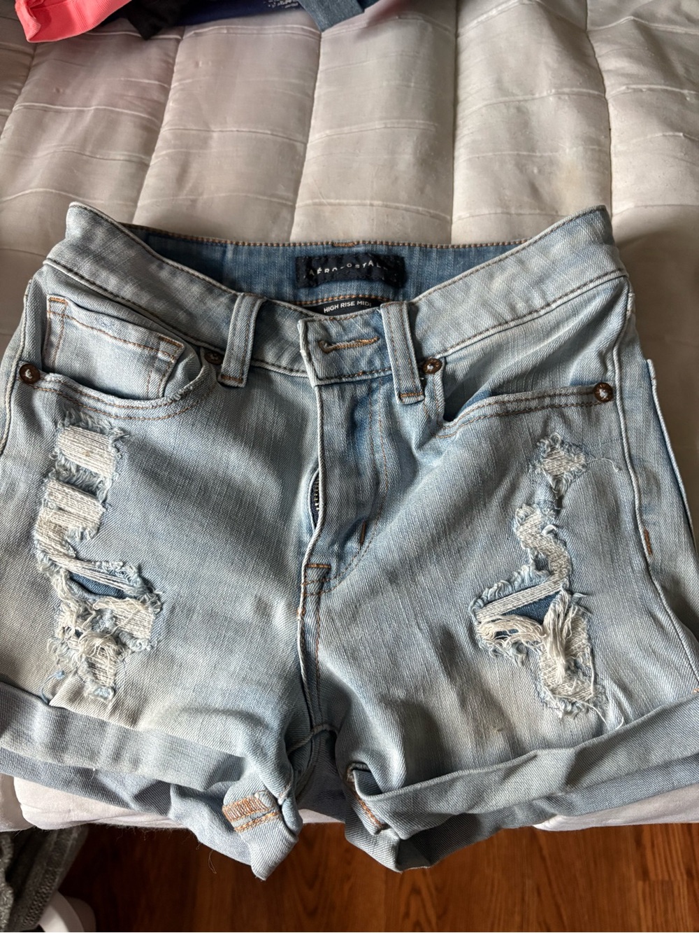 Aeropostale Light Blue Distressed Rolled Hem Jean Shorts